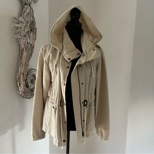Ann Taylor Loft Anorak Jacket S Tan Khaki Removable Snap Hood Cinch Herringbone